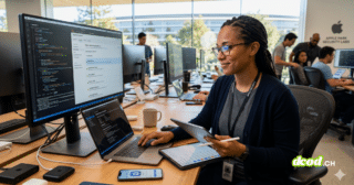 Ingénieure de sécurité chez Apple analysant le code et le statut de validation d'applications sur un grand écran dans les Security Labs, illustrant la lutte contre la fraude sur l'App Store en 2025 avec l'aide de l'IA.
