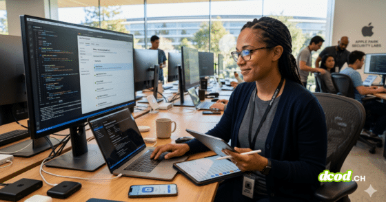 Ingénieure de sécurité chez Apple analysant le code et le statut de validation d'applications sur un grand écran dans les Security Labs, illustrant la lutte contre la fraude sur l'App Store en 2025 avec l'aide de l'IA.
