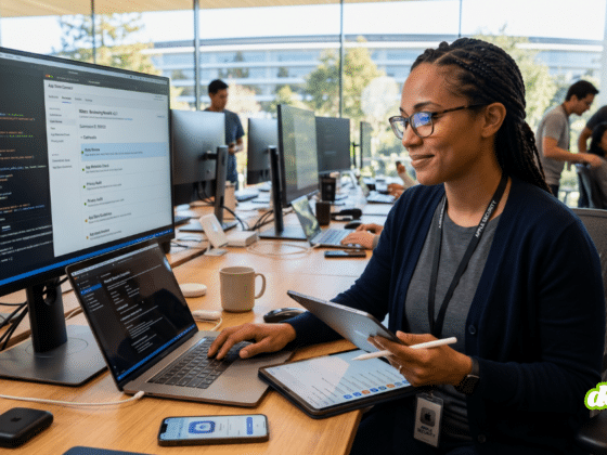 Ingénieure de sécurité chez Apple analysant le code et le statut de validation d'applications sur un grand écran dans les Security Labs, illustrant la lutte contre la fraude sur l'App Store en 2025 avec l'aide de l'IA.