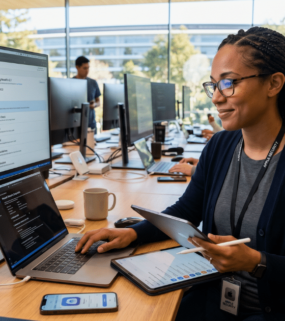 Ingénieure de sécurité chez Apple analysant le code et le statut de validation d'applications sur un grand écran dans les Security Labs, illustrant la lutte contre la fraude sur l'App Store en 2025 avec l'aide de l'IA.