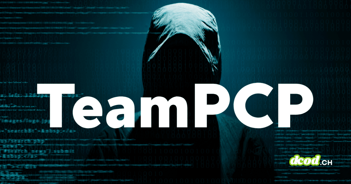 Illustration de couverture de dcod.ch montrant une silhouette sombre de pirate informatique encapuchonné sur fond de lignes de code bleu-vert, avec l'inscription centrale blanche TeamPCP, représentant TeamPCP : le gang qui piège la supply chain logicielle.
