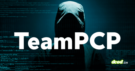 Illustration de couverture de dcod.ch montrant une silhouette sombre de pirate informatique encapuchonné sur fond de lignes de code bleu-vert, avec l'inscription centrale blanche TeamPCP, représentant TeamPCP : le gang qui piège la supply chain logicielle.
