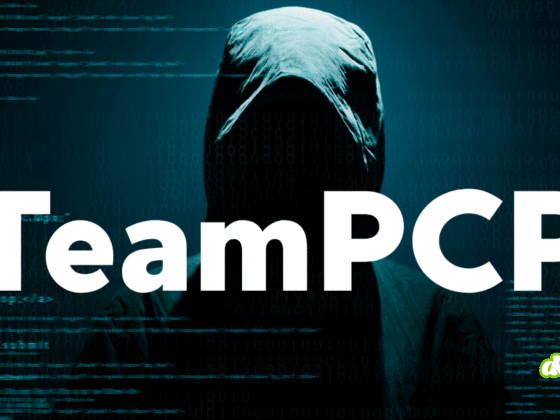 Illustration de couverture de dcod.ch montrant une silhouette sombre de pirate informatique encapuchonné sur fond de lignes de code bleu-vert, avec l'inscription centrale blanche TeamPCP, représentant TeamPCP : le gang qui piège la supply chain logicielle.