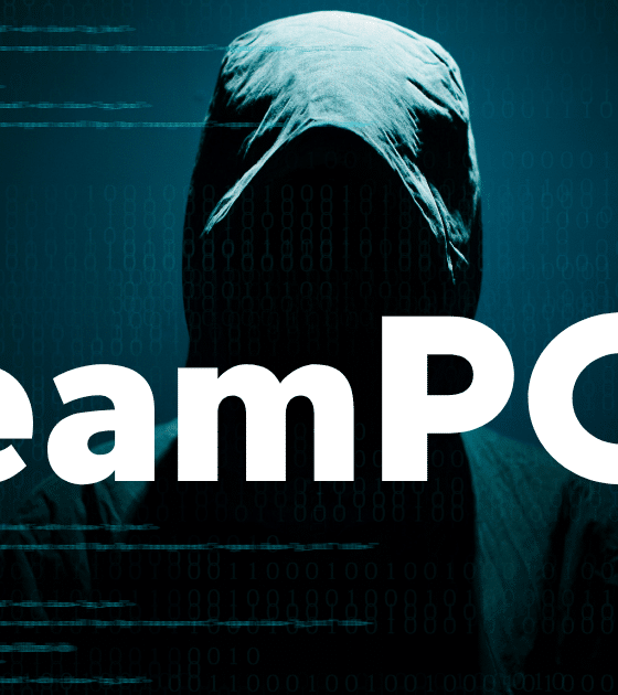 Illustration de couverture de dcod.ch montrant une silhouette sombre de pirate informatique encapuchonné sur fond de lignes de code bleu-vert, avec l'inscription centrale blanche TeamPCP, représentant TeamPCP : le gang qui piège la supply chain logicielle.