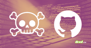 Illustration de la cyberattaque où le groupe TeamPCP réclame 50 000 dollars après le vol de 3800 dépôts de code GitHub. Sur un fond violet et orange affichant des lignes de code informatique et du binaire, un logo blanc de crâne de pirate fait face au logo blanc de GitHub, avec la signature du média dcod.ch en bas à droite.