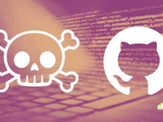 Illustration de la cyberattaque où le groupe TeamPCP réclame 50 000 dollars après le vol de 3800 dépôts de code GitHub. Sur un fond violet et orange affichant des lignes de code informatique et du binaire, un logo blanc de crâne de pirate fait face au logo blanc de GitHub, avec la signature du média dcod.ch en bas à droite.