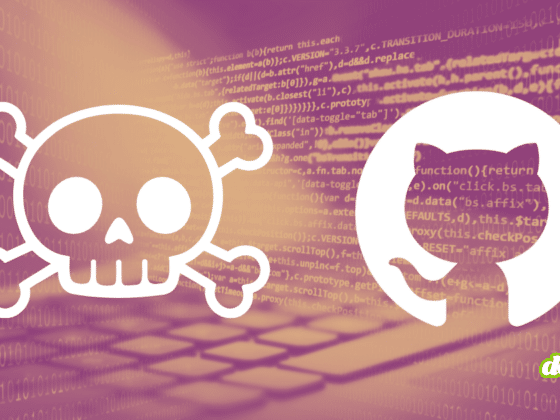 Illustration de la cyberattaque où le groupe TeamPCP réclame 50 000 dollars après le vol de 3800 dépôts de code GitHub. Sur un fond violet et orange affichant des lignes de code informatique et du binaire, un logo blanc de crâne de pirate fait face au logo blanc de GitHub, avec la signature du média dcod.ch en bas à droite.