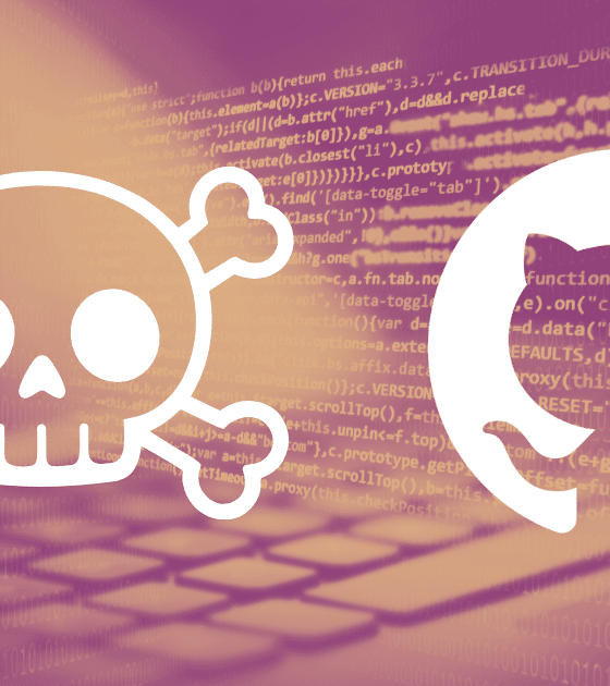 Illustration de la cyberattaque où le groupe TeamPCP réclame 50 000 dollars après le vol de 3800 dépôts de code GitHub. Sur un fond violet et orange affichant des lignes de code informatique et du binaire, un logo blanc de crâne de pirate fait face au logo blanc de GitHub, avec la signature du média dcod.ch en bas à droite.