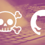 Illustration de la cyberattaque où le groupe TeamPCP réclame 50 000 dollars après le vol de 3800 dépôts de code GitHub. Sur un fond violet et orange affichant des lignes de code informatique et du binaire, un logo blanc de crâne de pirate fait face au logo blanc de GitHub, avec la signature du média dcod.ch en bas à droite.