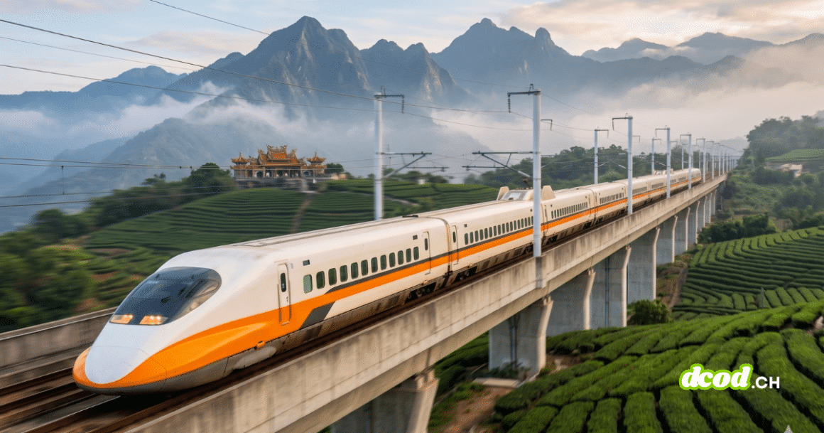 Un train à grande vitesse taïwanais circulant sur un viaduc à travers des plantations de thé et des montagnes brumeuses, illustrant le réseau forcé au freinage d'urgence par un acte de piratage.