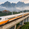 Un train à grande vitesse taïwanais circulant sur un viaduc à travers des plantations de thé et des montagnes brumeuses, illustrant le réseau forcé au freinage d'urgence par un acte de piratage.