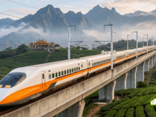 Un train à grande vitesse taïwanais circulant sur un viaduc à travers des plantations de thé et des montagnes brumeuses, illustrant le réseau forcé au freinage d'urgence par un acte de piratage.