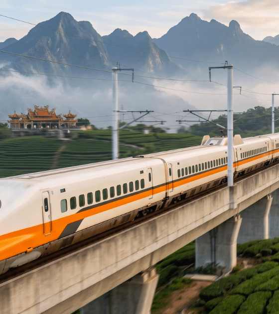 Un train à grande vitesse taïwanais circulant sur un viaduc à travers des plantations de thé et des montagnes brumeuses, illustrant le réseau forcé au freinage d'urgence par un acte de piratage.