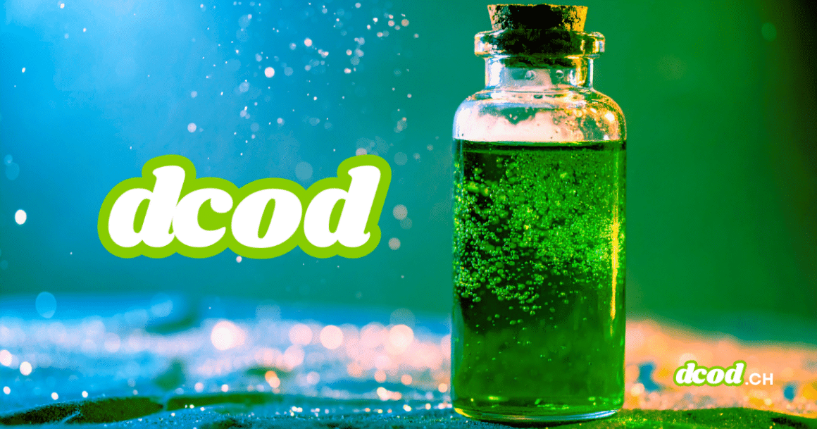 Image d'illustration pour la veille cybersécurité DCOD montrant une fiole en verre remplie d'un liquide vert effervescent, symbolisant l'élixir d'information et l'artisanat numérique, avec le logo DCOD.ch sur un fond lumineux turquoise et éthéré.