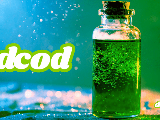 Image d'illustration pour la veille cybersécurité DCOD montrant une fiole en verre remplie d'un liquide vert effervescent, symbolisant l'élixir d'information et l'artisanat numérique, avec le logo DCOD.ch sur un fond lumineux turquoise et éthéré.