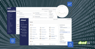 Illustration des interfaces de gestion WebHost Manager (WHM) et cPanel sur un fond de code binaire, symbolisant l'alerte sur une faille critique qui menace des millions de serveurs. Le logo dcod.ch est présent dans le coin inférieur droit.