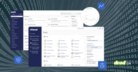 Illustration des interfaces de gestion WebHost Manager (WHM) et cPanel sur un fond de code binaire, symbolisant l'alerte sur une faille critique qui menace des millions de serveurs. Le logo dcod.ch est présent dans le coin inférieur droit.