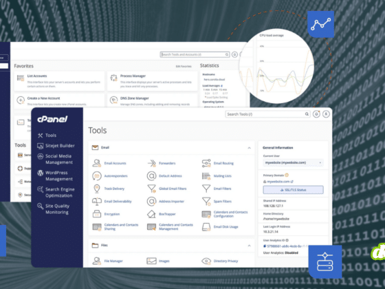 Illustration des interfaces de gestion WebHost Manager (WHM) et cPanel sur un fond de code binaire, symbolisant l'alerte sur une faille critique qui menace des millions de serveurs. Le logo dcod.ch est présent dans le coin inférieur droit.