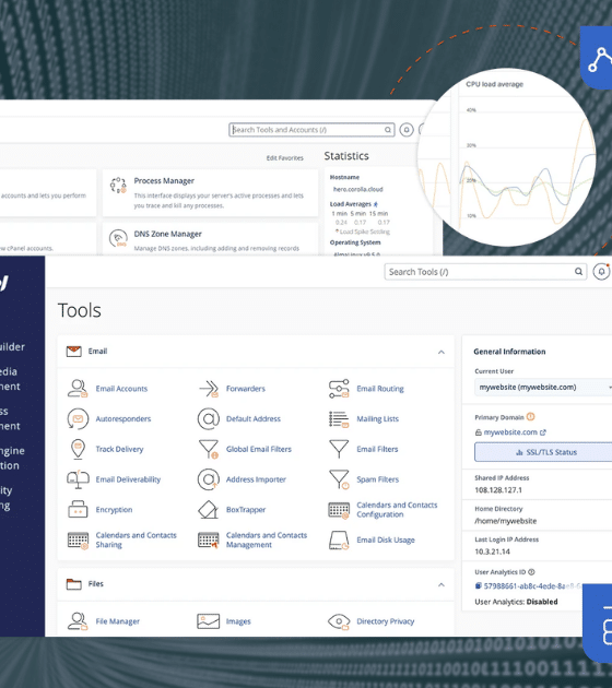 Illustration des interfaces de gestion WebHost Manager (WHM) et cPanel sur un fond de code binaire, symbolisant l'alerte sur une faille critique qui menace des millions de serveurs. Le logo dcod.ch est présent dans le coin inférieur droit.