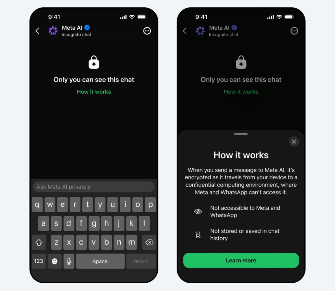 Le mode incognito de Meta AI arrive alors qu'Instagram recule 7 Deux captures d'écran de l'interface mobile en mode sombre de l'application WhatsApp. À gauche, la fenêtre de discussion vide intitulée Meta AI Incognito chat présente un pictogramme de cadenas orné d'une étoile, le message « Seul l'utilisateur peut voir cette discussion » et un champ de saisie invitant à s'adresser à l'intelligence artificielle de manière privée. À droite, un volet explicatif superposé détaille le fonctionnement de la fonctionnalité : les messages envoyés sont chiffrés de bout en bout jusqu'à un environnement informatique confidentiel sécurisé, les rendant inaccessibles pour Meta ou WhatsApp et empêchant tout stockage dans l'historique des discussions.