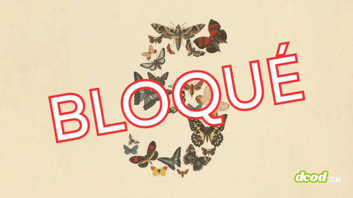 Illustration montrant un grand chiffre 5 formé de papillons rétro, barré en biais par l'inscription rouge « BLOQUÉ » avec le logo DCOD. Ce visuel accompagne l'information majeure : Fable 5 et Mythos 5 suspendus, coupant ainsi l'accès mondial à ces technologies.