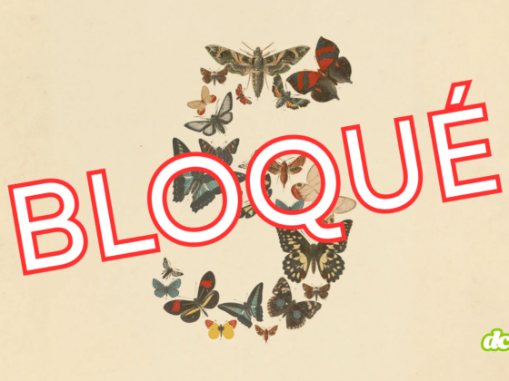 Illustration montrant un grand chiffre 5 formé de papillons rétro, barré en biais par l'inscription rouge « BLOQUÉ » avec le logo DCOD. Ce visuel accompagne l'information majeure : Fable 5 et Mythos 5 suspendus, coupant ainsi l'accès mondial à ces technologies.