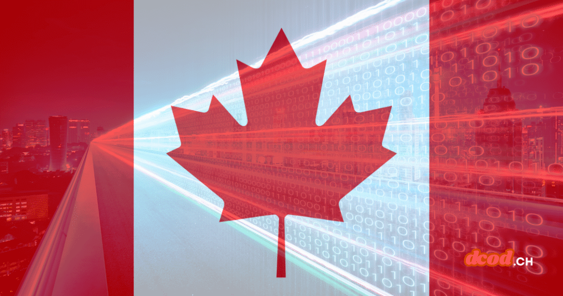 Drapeau du Canada en transparence sur un fond de flux de données binaires et d'autoroute numérique, illustrant la sécurité du chiffrement alors qu'Apple et Google s'opposent au projet de loi canadien.