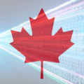 Drapeau du Canada en transparence sur un fond de flux de données binaires et d'autoroute numérique, illustrant la sécurité du chiffrement alors qu'Apple et Google s'opposent au projet de loi canadien.