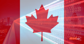 Drapeau du Canada en transparence sur un fond de flux de données binaires et d'autoroute numérique, illustrant la sécurité du chiffrement alors qu'Apple et Google s'opposent au projet de loi canadien.