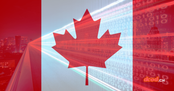 Drapeau du Canada en transparence sur un fond de flux de données binaires et d'autoroute numérique, illustrant la sécurité du chiffrement alors qu'Apple et Google s'opposent au projet de loi canadien.