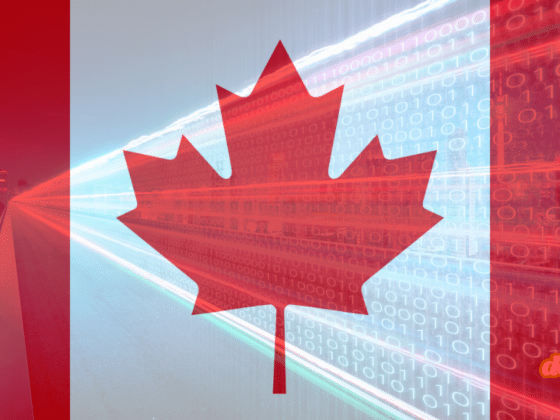 Drapeau du Canada en transparence sur un fond de flux de données binaires et d'autoroute numérique, illustrant la sécurité du chiffrement alors qu'Apple et Google s'opposent au projet de loi canadien.