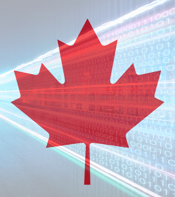 Drapeau du Canada en transparence sur un fond de flux de données binaires et d'autoroute numérique, illustrant la sécurité du chiffrement alors qu'Apple et Google s'opposent au projet de loi canadien.