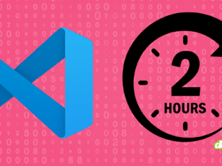 Illustration DCOD pour l'article sur la sécurité des extensions : le logo bleu de l'environnement de développement Visual Studio Code est positionné à gauche d'un grand pictogramme d'horloge noir indiquant 2 HOURS avec une flèche circulaire, symbolisant le délai de deux heures imposé contre les attaques supply chain. L'ensemble se détache sur un fond rose composé de lignes de chiffres et de données numériques, avec le logo d'information dcod.ch visible dans le coin inférieur droit.