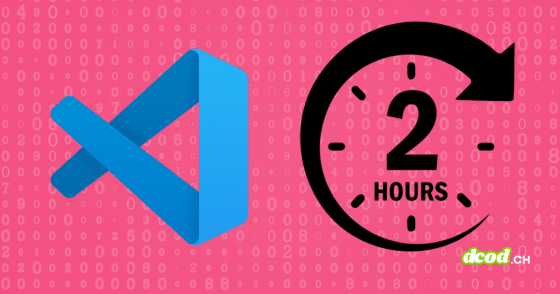 Illustration DCOD pour l'article sur la sécurité des extensions : le logo bleu de l'environnement de développement Visual Studio Code est positionné à gauche d'un grand pictogramme d'horloge noir indiquant 2 HOURS avec une flèche circulaire, symbolisant le délai de deux heures imposé contre les attaques supply chain. L'ensemble se détache sur un fond rose composé de lignes de chiffres et de données numériques, avec le logo d'information dcod.ch visible dans le coin inférieur droit.
