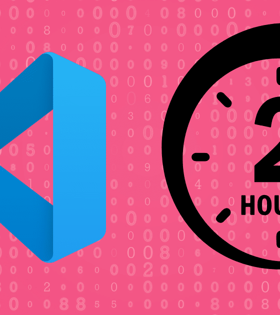 Illustration DCOD pour l'article sur la sécurité des extensions : le logo bleu de l'environnement de développement Visual Studio Code est positionné à gauche d'un grand pictogramme d'horloge noir indiquant 2 HOURS avec une flèche circulaire, symbolisant le délai de deux heures imposé contre les attaques supply chain. L'ensemble se détache sur un fond rose composé de lignes de chiffres et de données numériques, avec le logo d'information dcod.ch visible dans le coin inférieur droit.
