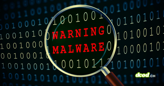 Une loupe examine du code binaire et révèle l'alerte rouge "WARNING MALWARE", illustrant les cyberattaques visant la chaîne de production logicielle où la confiance devient une arme.