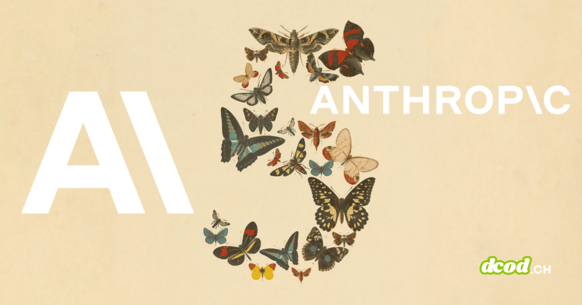 Une image illustrative de DCOD montrant, sur un fond beige, le mot "AI" en grandes lettres blanches à gauche, et le texte "ANTHROPC" à droite. Au centre, une composition stylisée en forme de grand chiffre 5 est formée de nombreux papillons et insectes colorés, illustrant visuellement Claude Fable 5, dont l'interprétation par l'IA d'Anthropic déconcerte et exaspère les experts de la cybersécurité. Le logo "dcod.ch" apparaît en bas à droite.