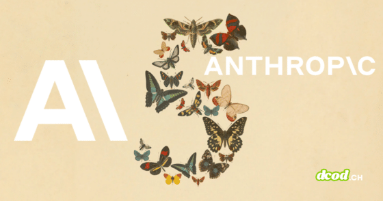 Une image illustrative de DCOD montrant, sur un fond beige, le mot "AI" en grandes lettres blanches à gauche, et le texte "ANTHROPC" à droite. Au centre, une composition stylisée en forme de grand chiffre 5 est formée de nombreux papillons et insectes colorés, illustrant visuellement Claude Fable 5, dont l'interprétation par l'IA d'Anthropic déconcerte et exaspère les experts de la cybersécurité. Le logo "dcod.ch" apparaît en bas à droite.