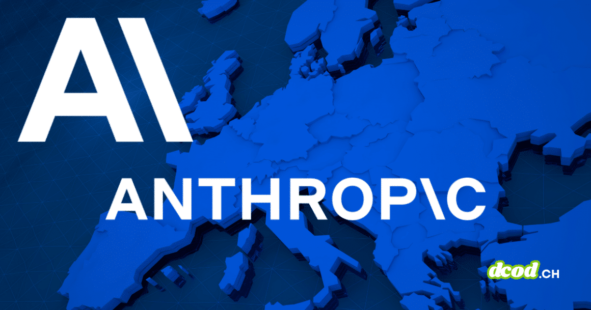 Carte en relief bleu de l'Europe affichant les mentions AI et ANTHROPIC en blanc avec le logo dcod.ch, illustrant comment le modèle Claude Mythos s'ouvre à l'Europe et accélère la chasse aux bugs.