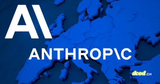 Carte en relief bleu de l'Europe affichant les mentions AI et ANTHROPIC en blanc avec le logo dcod.ch, illustrant comment le modèle Claude Mythos s'ouvre à l'Europe et accélère la chasse aux bugs.
