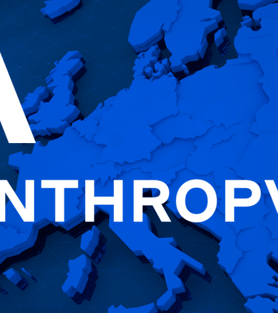 Carte en relief bleu de l'Europe affichant les mentions AI et ANTHROPIC en blanc avec le logo dcod.ch, illustrant comment le modèle Claude Mythos s'ouvre à l'Europe et accélère la chasse aux bugs.