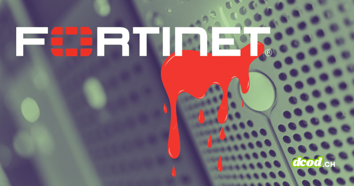 Logo de Fortinet marqué d'une coulée de liquide rouge symbolisant la fuite de données FortiBleed et la compromission de pare-feu, sur fond de serveurs réseau flous.