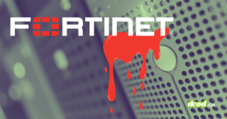 Logo de Fortinet marqué d'une coulée de liquide rouge symbolisant la fuite de données FortiBleed et la compromission de pare-feu, sur fond de serveurs réseau flous.