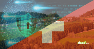 Graphisme DCOD scindé en diagonale : à gauche, un bouclier de sécurité vert lumineux sur fond de code binaire ; à droite, un paysage de campagne helvétique sous un filtre rouge arborant la croix blanche suisse. Ce visuel illustre le fait que l'OFCS teste son modèle de cyberrésilience en conditions réelles.