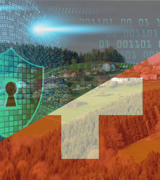 Graphisme DCOD scindé en diagonale : à gauche, un bouclier de sécurité vert lumineux sur fond de code binaire ; à droite, un paysage de campagne helvétique sous un filtre rouge arborant la croix blanche suisse. Ce visuel illustre le fait que l'OFCS teste son modèle de cyberrésilience en conditions réelles.