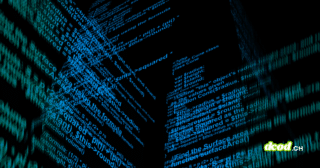 Lignes de code informatique bleues et lumineuses sur fond noir, illustrant le concept de vibe coding et ses enjeux de sécurité informatique, avec le logo dcod.ch visible dans le coin inférieur droit.
