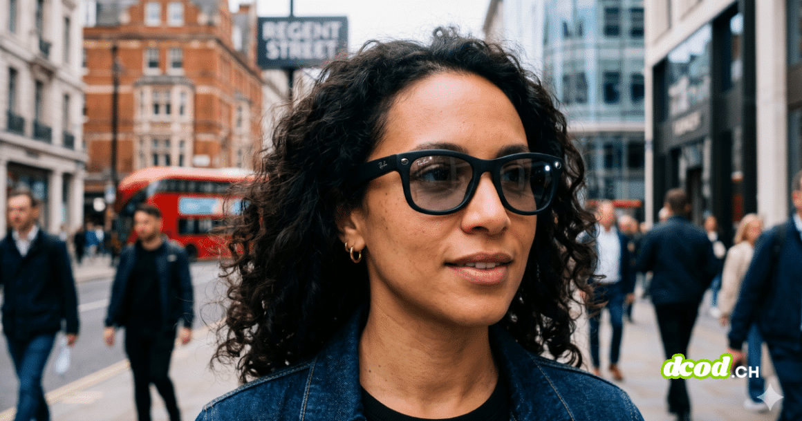 Gros plan d'une femme portant les lunettes connectées META Ray-Ban dans une rue animée.