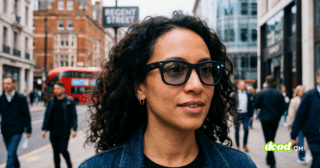 Gros plan d'une femme portant les lunettes connectées META Ray-Ban dans une rue animée.