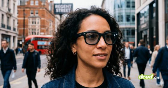 Gros plan d'une femme portant les lunettes connectées META Ray-Ban dans une rue animée.