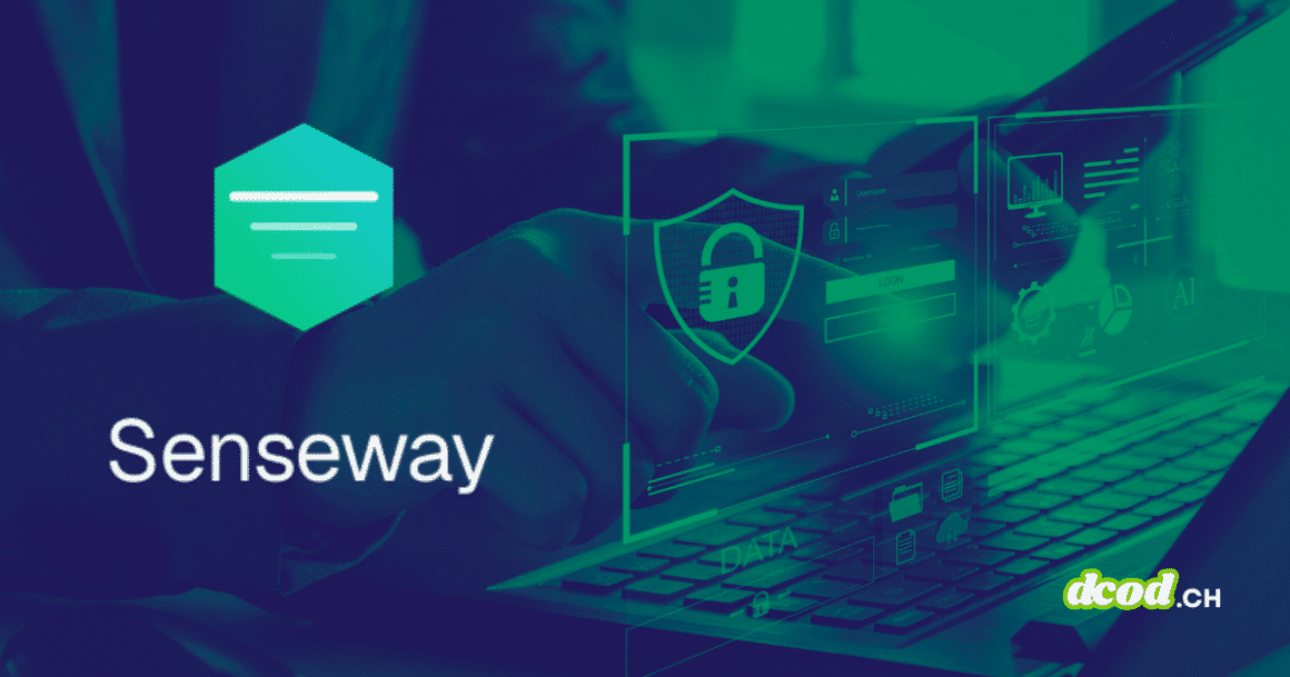Illustration technologique de sécurité des données montrant une personne tapant sur un clavier avec le logo de l’entreprise, mettant en avant le Proxy LLM : la technologie de Senseway pour renforcer sa souveraineté. En bas à droite, le logo dcod.ch.